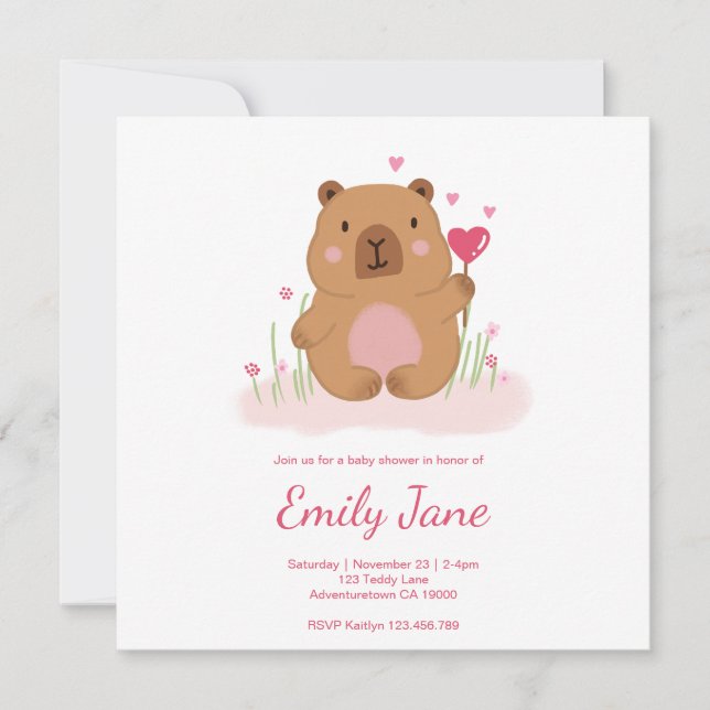 Invitation Baby Shower Ourson Mignon Capybara Rose Filles  (Devant)
