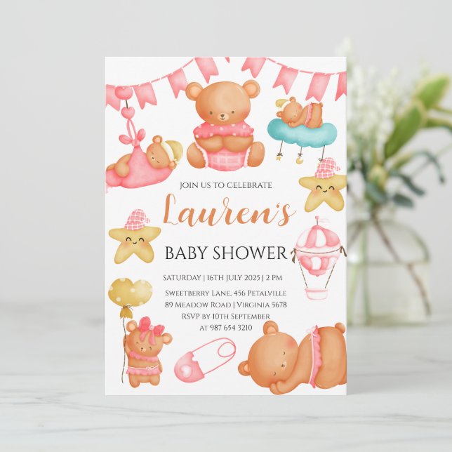 Invitation Baby shower ourson mignon rose fille (Debout devant)