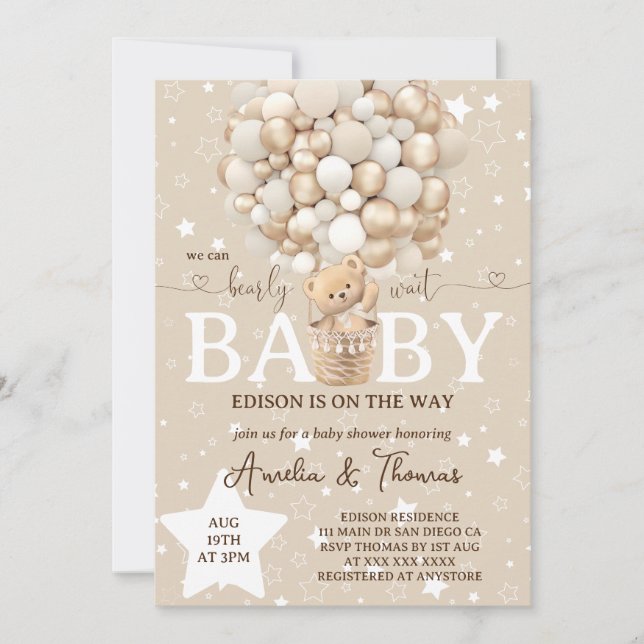 Invitation Baby-Shower Ourson Neutre Mignon  (Devant)