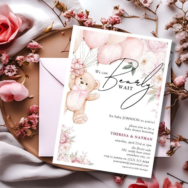 Invitation Baby Shower Ourson Rose et Fleurs Fille (Créateur téléchargé)