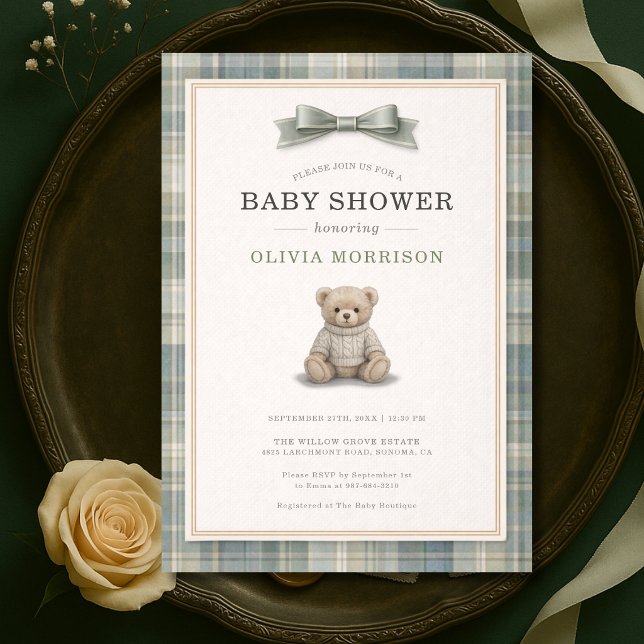 Invitation Baby Shower Ourson Vert à Carreaux (Créateur téléchargé)