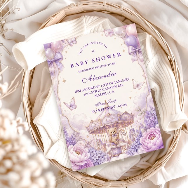 Invitation Baby-Shower Ourson Violet Enchanté (Créateur téléchargé)