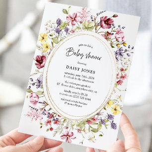 Invitation Baby shower ovale fleur sauvage et or
