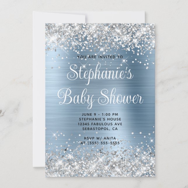 Invitation Baby Shower Pailleté Argent Bleu Clair (Devant)