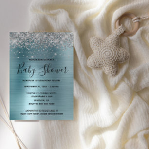 Invitation Baby Shower Paillette Argentée et Feuille de Blue
