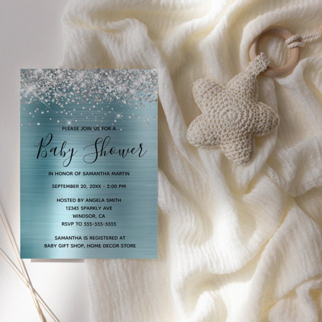 Invitation Baby Shower Paillette Argentée et Feuille de Blue (Silver Glitter Light Blue Glam Baby Shower Invite)