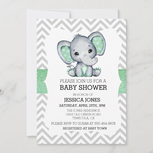 Invitation Baby Shower Paillette Chevron Eléphant Vert (Devant)