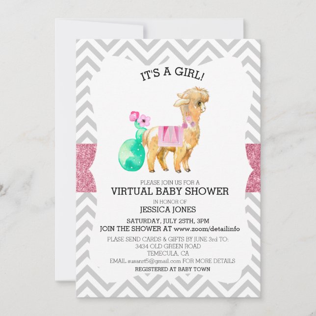 Invitation Baby Shower Paillette Chevron Lama Rose Virtuel (Devant)