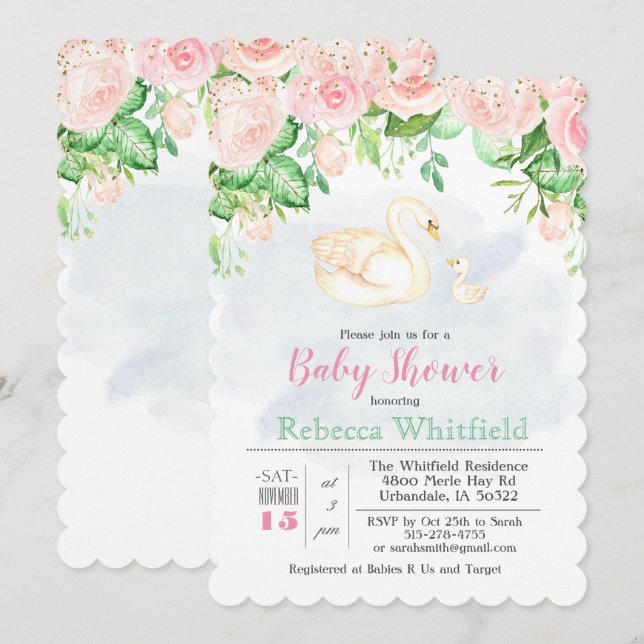 Invitation Baby Shower Paillette Fleurie Cygne Béb (Devant / Derrière)