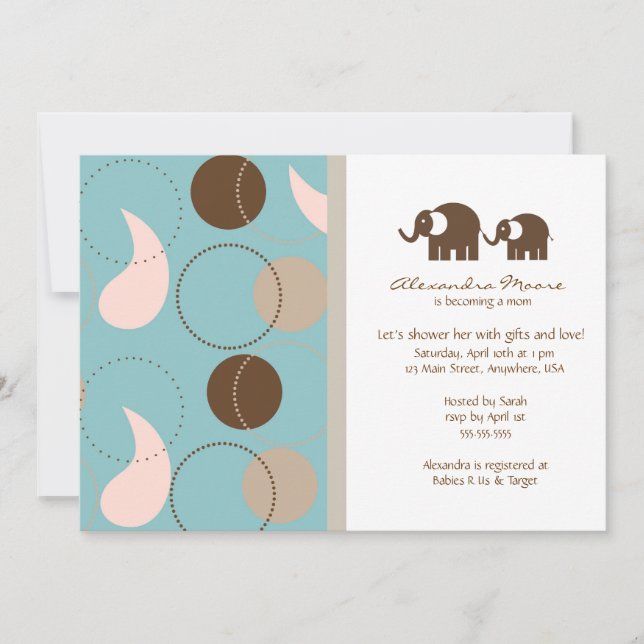 Invitation Baby shower Paisley & Elephants (Devant)