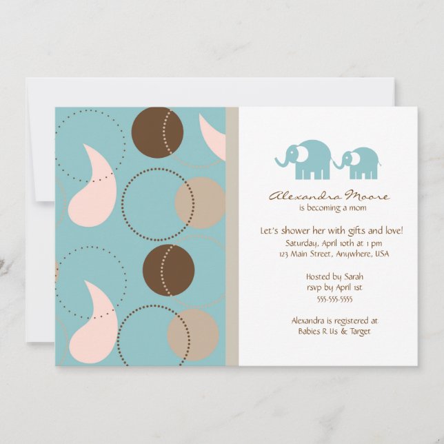 Invitation Baby shower Paisley & Elephants (Devant)