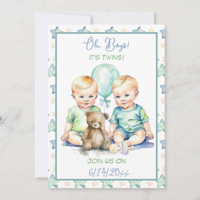 Invitation Baby shower Pale Blue and Green Twin Boys (Devant)