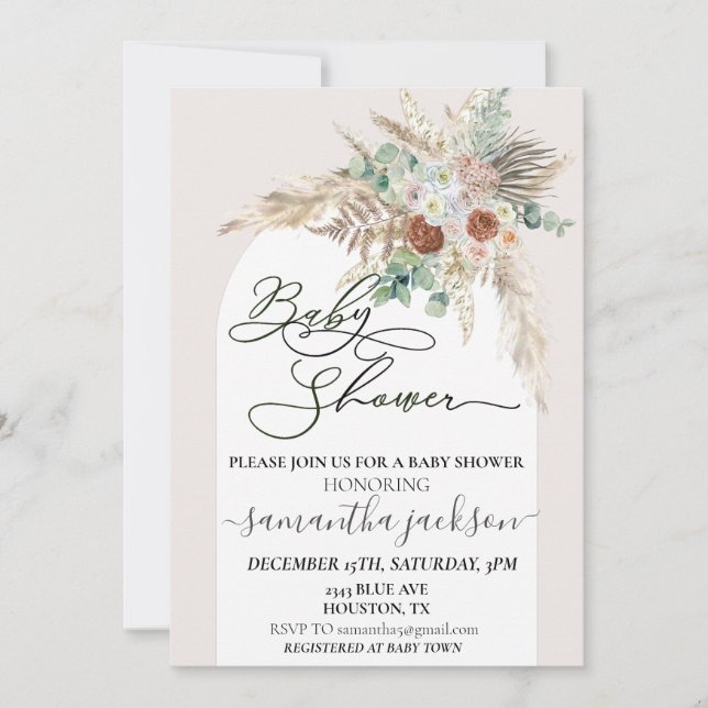 Invitation Baby shower Pampas Grass Boho Arch Moderne (Devant)
