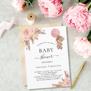 Invitation Baby shower pampas herbe ours en peluche fille ros