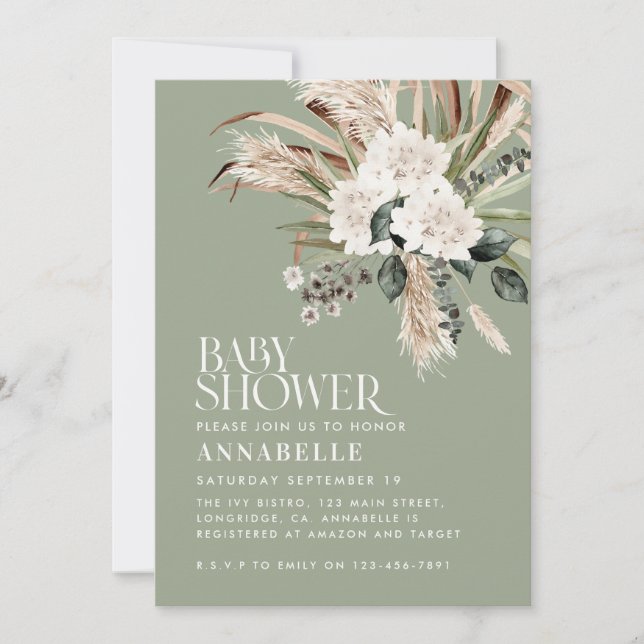 Invitation Baby shower pampas herbe sauge moderne vert (Devant)