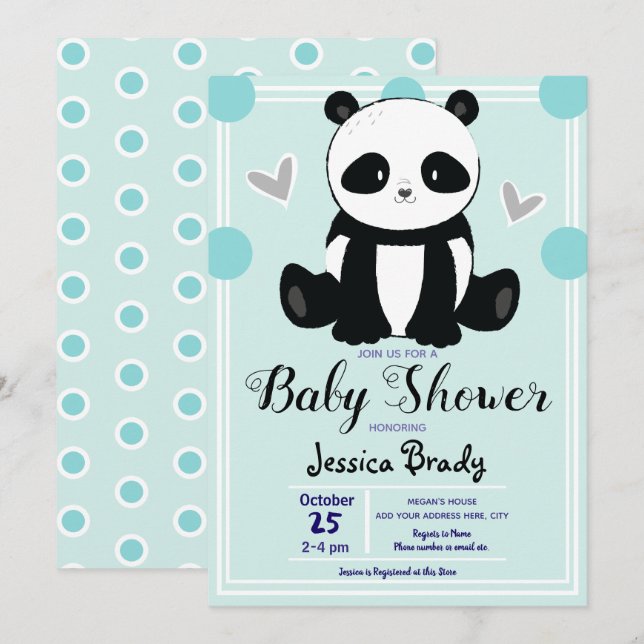 Invitation Baby shower Panda assis et Pois bleus (Devant / Derrière)