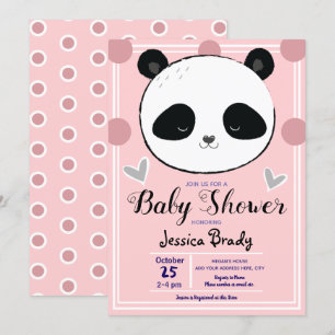 Invitation Baby shower Panda Face et Pois roses