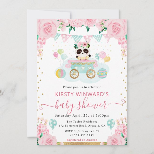 Invitation Baby Shower Panda Fleurs Roses Aquarelle (Devant)