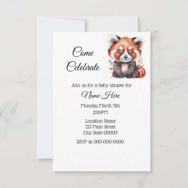 Invitation Baby shower Panda rouge simple aquarelle (Devant)