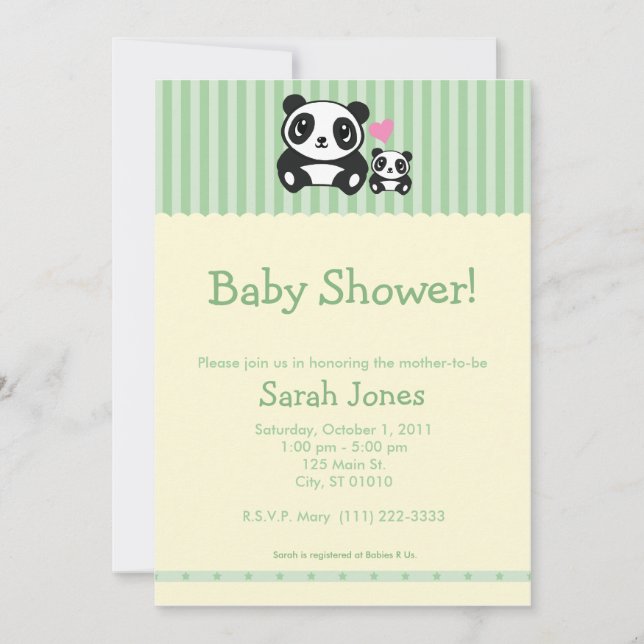 Invitation Baby shower Panda - Vert et Crème (Devant)