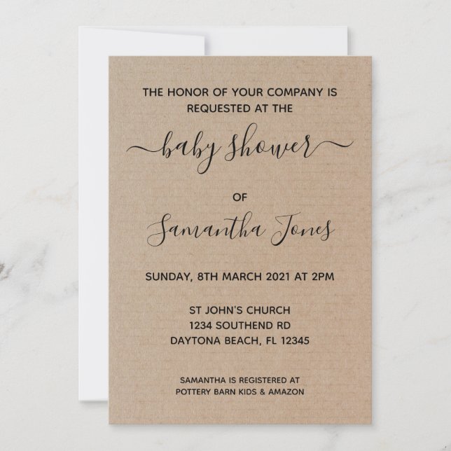 Invitation Baby shower papier rustique Kraft Script d'invitat (Devant)