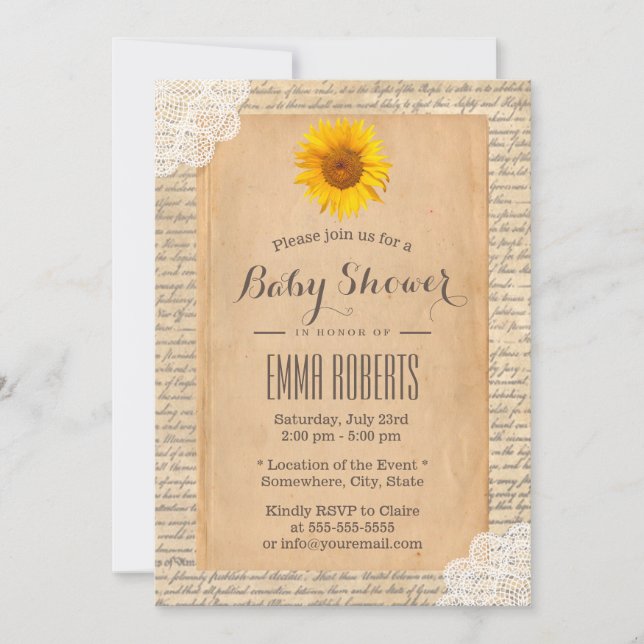 Invitation Baby shower papier vintage Sunflower Old Script (Devant)