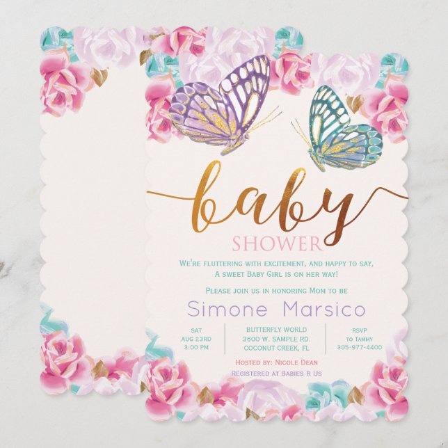 Invitation Baby shower papillon (Devant / Derrière)