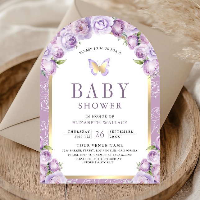 Invitation Baby shower papillon à arc floral violet lavande (Créateur téléchargé)
