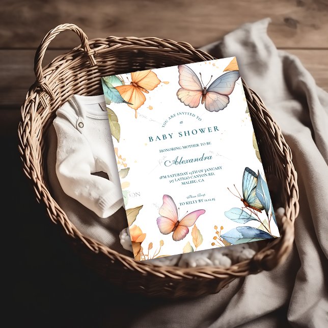 Invitation Baby Shower Papillon Aquarelle Douce (Créateur téléchargé)