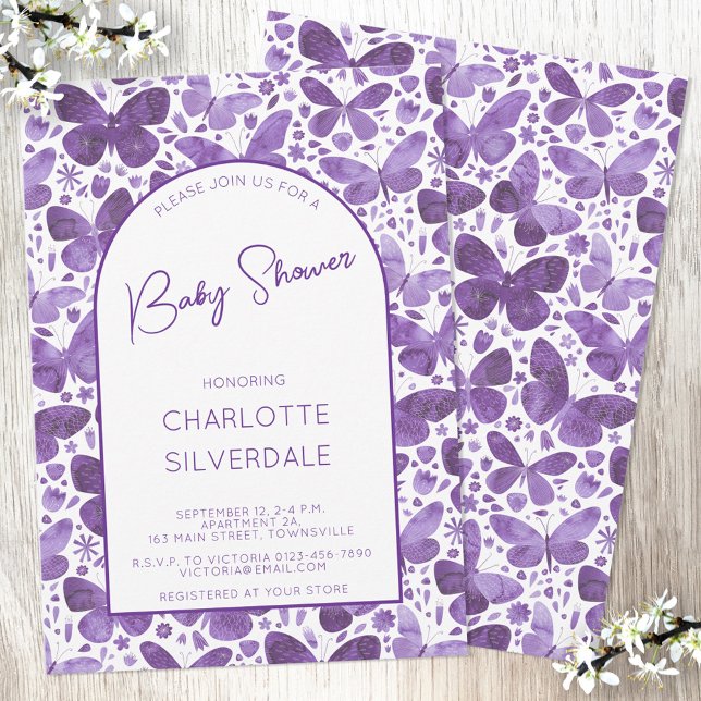 Invitation Baby shower papillon Aquarelle violet (Purple watercolor butterfly pattern gender neutral baby shower invitation with custom text)