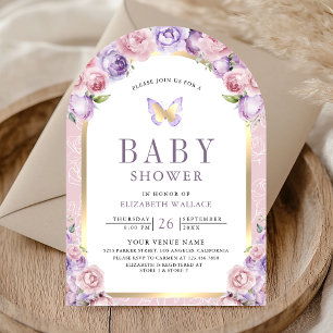Invitation Baby shower papillon Arche florale rose lavande