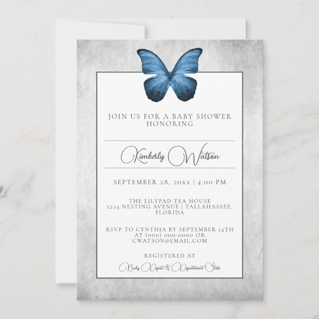 Invitation Baby shower papillon bleu (Devant)