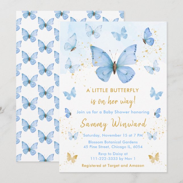 Invitation Baby Shower Papillon Bleu et Or (Devant / Derrière)