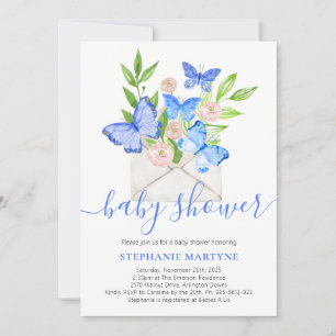 Invitation Baby shower Papillon bleu floral Enveloppe