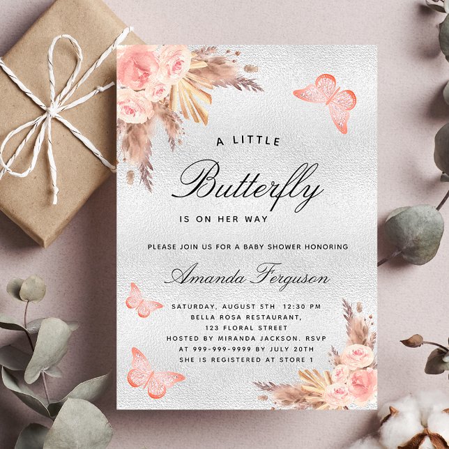 Invitation Baby shower papillon blush pampas argent luxe (Créateur téléchargé)