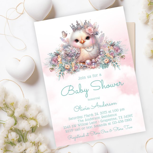 Invitation Baby Shower Papillon Chick (Adorable chick with pearls, butterfly and crown on a pretty floral background.)