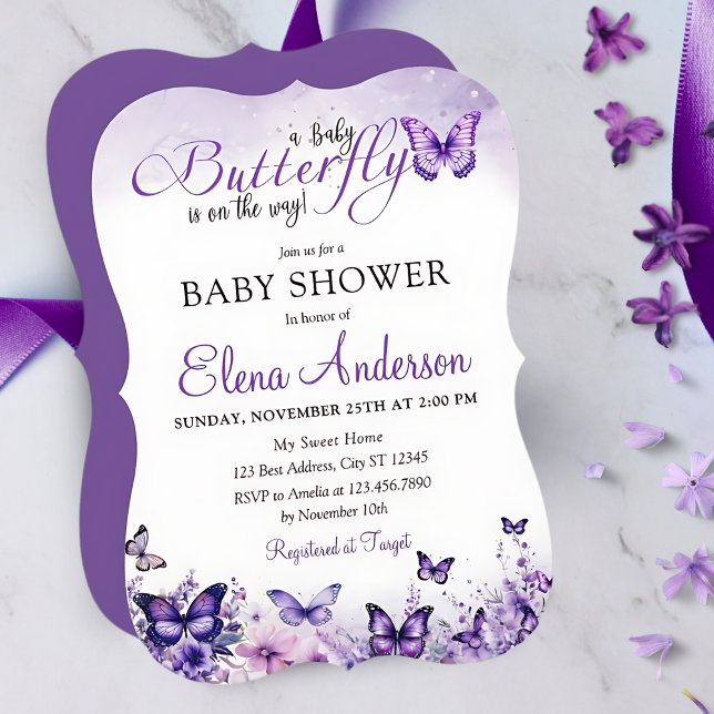 Invitation Baby shower papillon Élégant violet Floral (Créateur téléchargé)