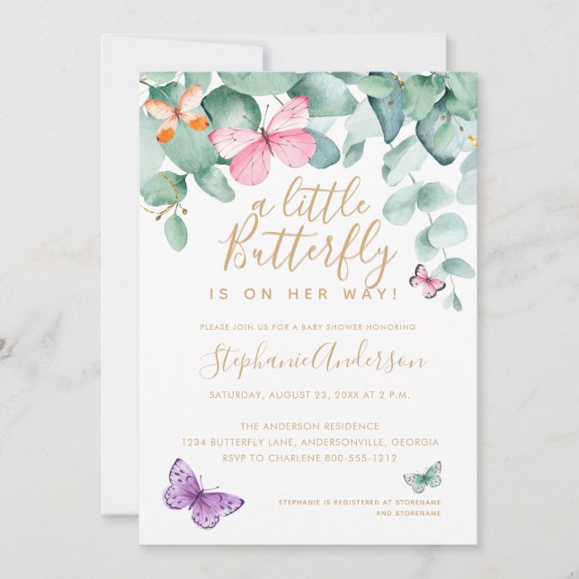 Invitation Baby shower papillon Eucalyptus d'or rose (Devant)