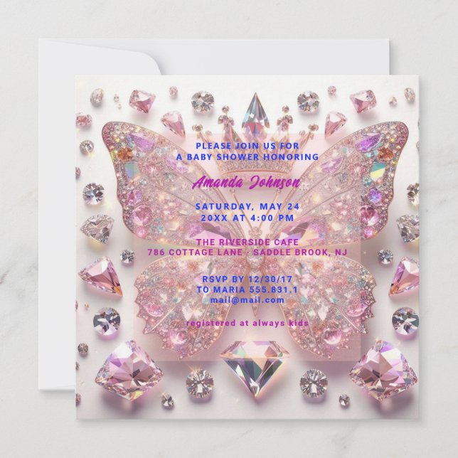 Invitation Baby Shower Papillon Fille Cristaux Roses Diamant (Devant)