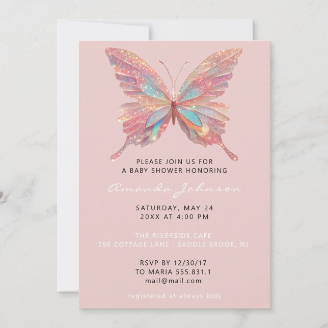 Invitation Baby shower papillon fille douce 16ème Rose Poudre (Devant)