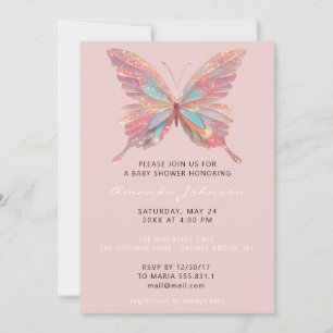 Invitation Baby shower papillon fille douce 16ème Rose Poudre