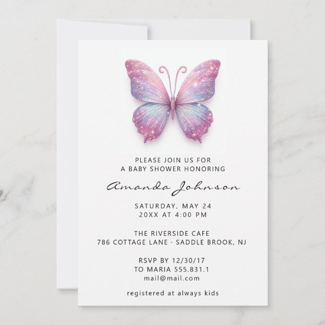 Invitation Baby shower papillon fille Rose Holographe rose (Devant)
