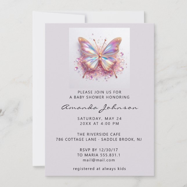 Invitation Baby shower papillon fille Rose Holographie (Devant)