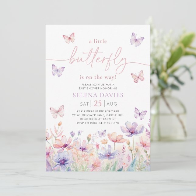 Invitation Baby shower papillon Fille violette Fleur rose (Debout devant)