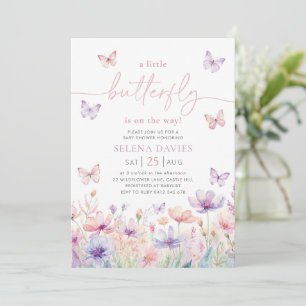 Invitation Baby shower papillon Fille violette Fleur rose