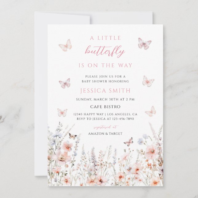Invitation Baby Shower Papillon Fleur Sauvage (Devant)
