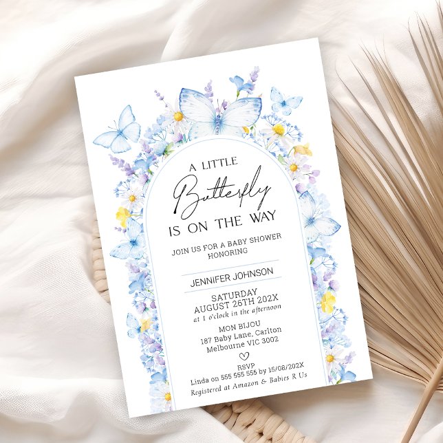 Invitation Baby shower papillon Fleur sauvage bleu moderne (Modern Blue Wildflowers Little Butterfly Baby Shower Invitation, Summer Butterfly Themed Baby Shower)
