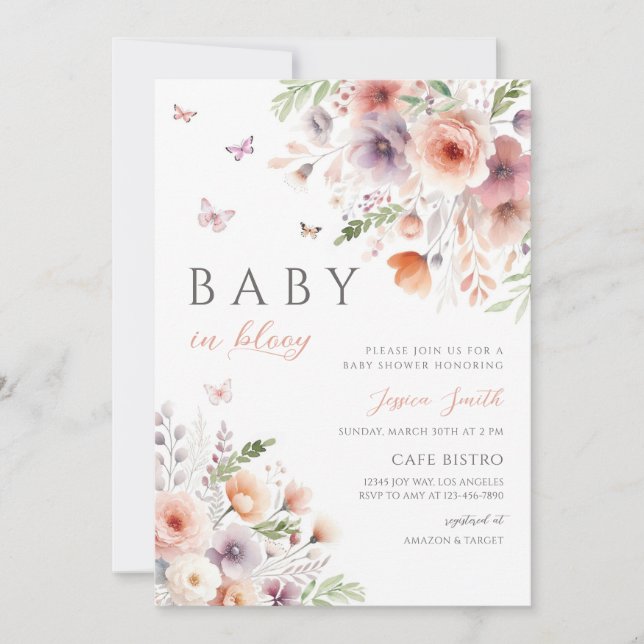 Invitation Baby Shower Papillon Fleur Sauvage Rose Violet (Devant)