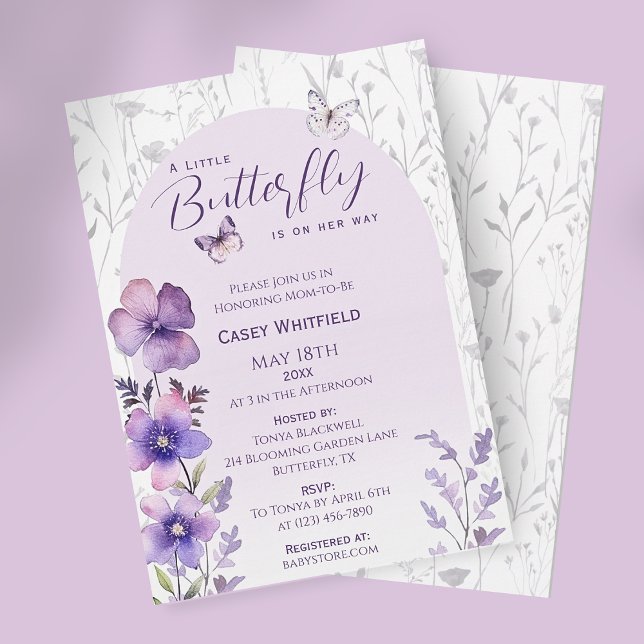 Invitation Baby Shower Papillon Fleur Sauvage Violette (A Little Butterfly Purple Boho Baby Shower Invitation)