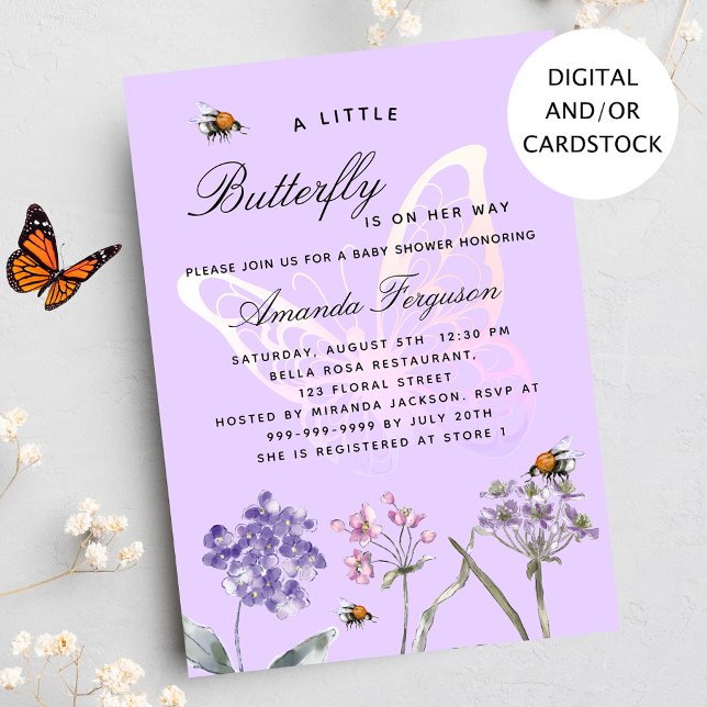 Invitation Baby shower papillon fleur sauvage violette fille (Créateur téléchargé)
